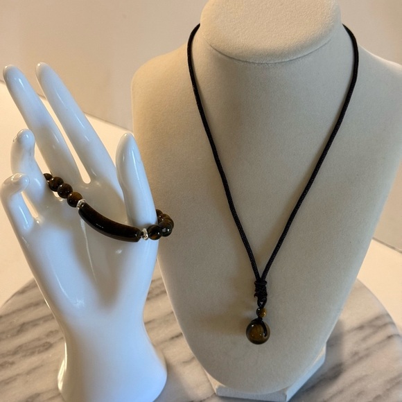 NWOT Round Natural Tiger Eye Stone Adjustable Necklace & Bracelet 8m 2 Piece Set - Picture 11 of 11